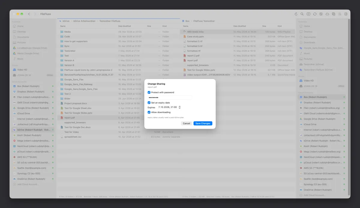 FileFluss 1.5 bietet eine neue Schnellfunktion zum Teilen von Dateien per Direkt-Download bei vielen Cloudspeichern