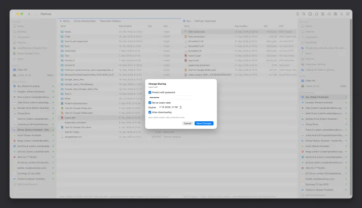 FileFluss 1.5 bietet eine neue Schnellfunktion zum Teilen von Dateien per Direkt-Download bei vielen Cloudspeichern
